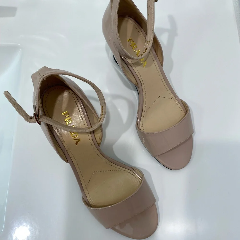 Prada Nude Wedge Patent Leather Sandal 6 AUTHENTIC BRAND NEW - Picture 3 of 6